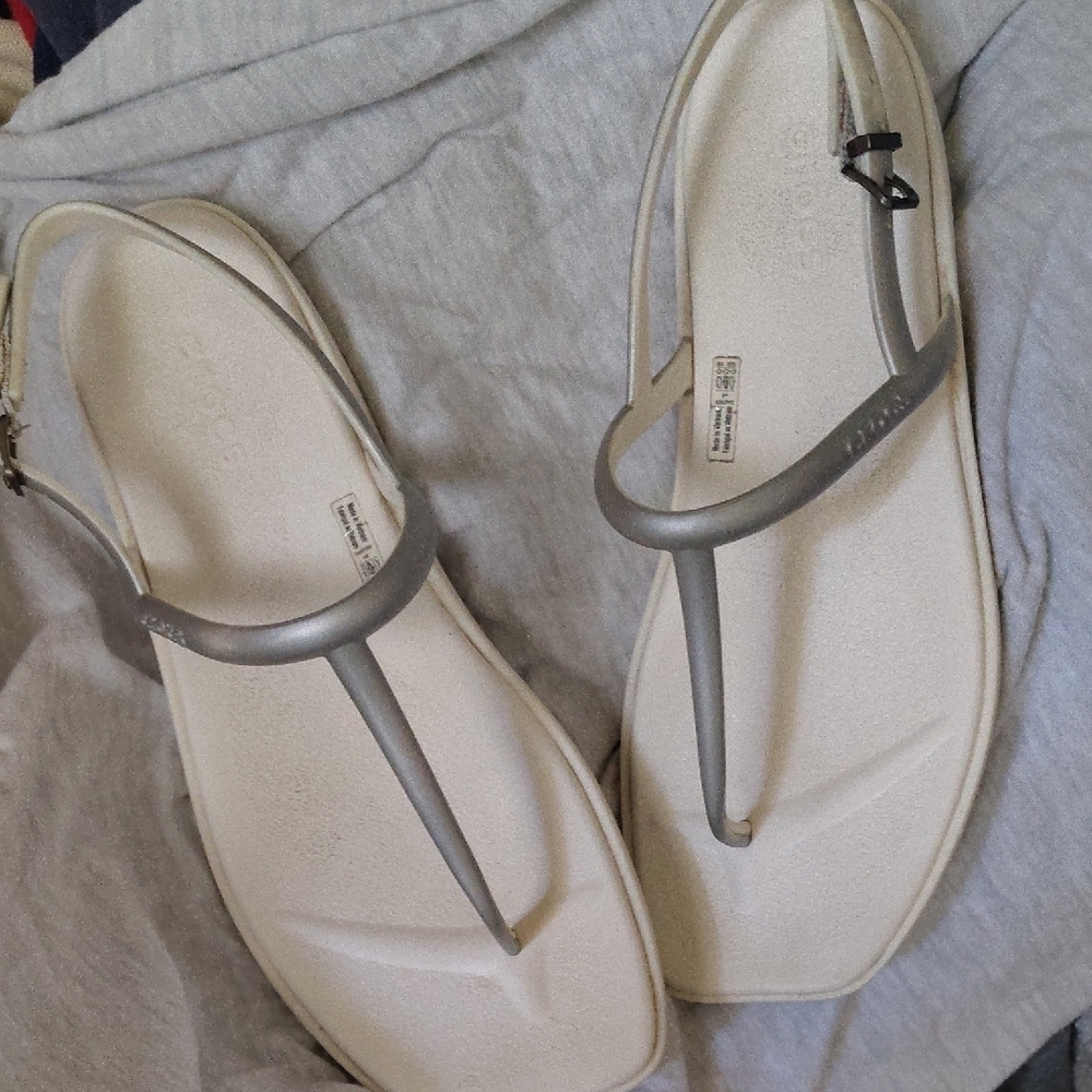 CROCS Silver and Cream Sandals with Minimalist Design